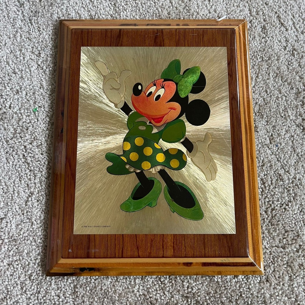 Vintage Disney‎ Minnie Mouse Wooden Plaque Wall Art Green Dress Polka Dot Retro